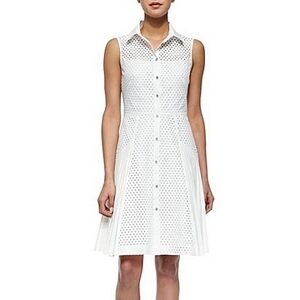 Lela Rose Eyelet Cutout Pleated Silk Lined Fit and Flare Dress Women's Sz 8 NWOT